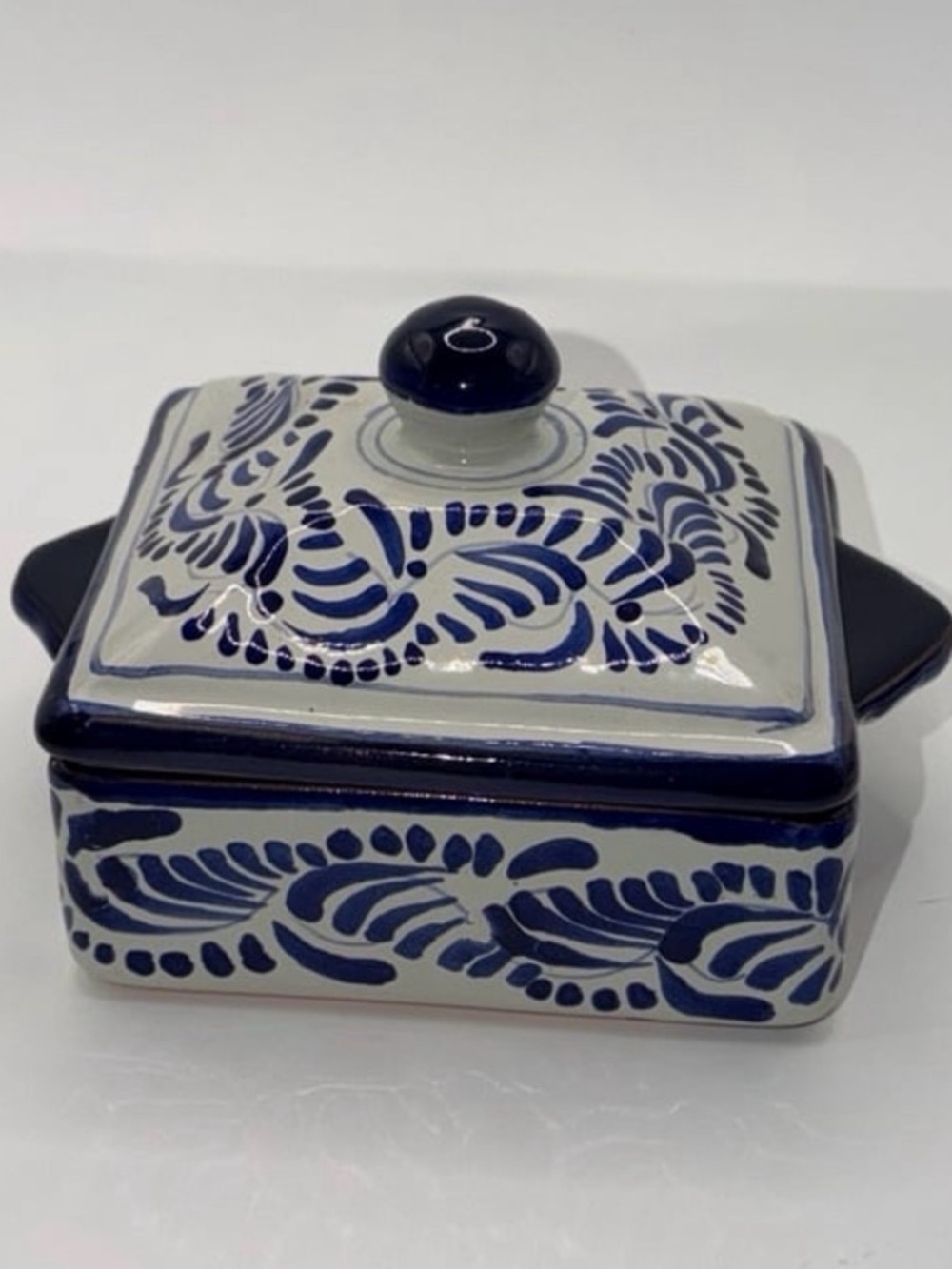 Handpainted Mexican Talavera Pottery Traditional Blue & White Floral Square Dish